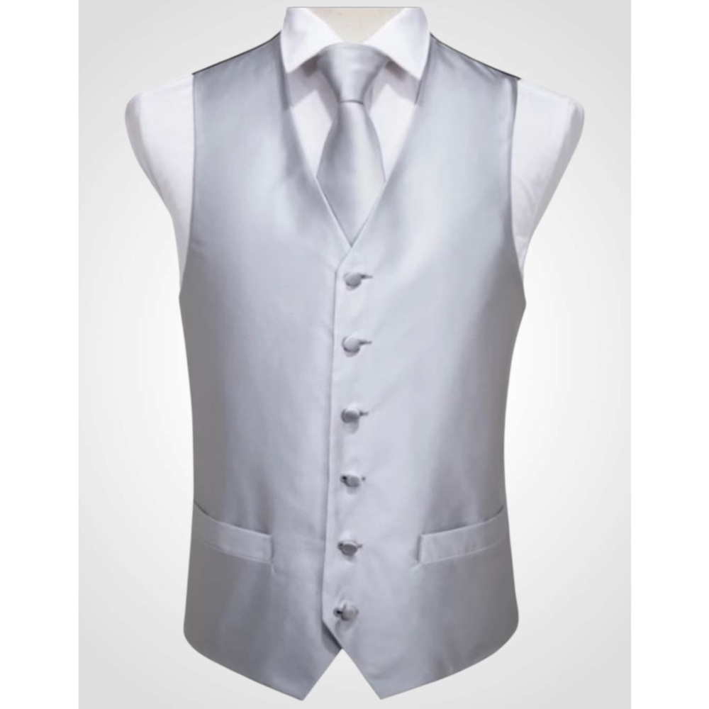 Grey Solid Silk Vest Tie Pocket Square & Cufflinks Wedding Prom Special Event Sm